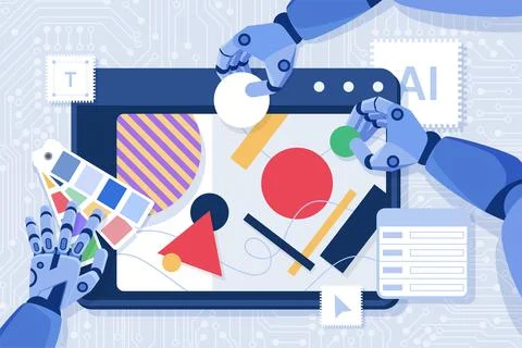 Creation of visual content with AI, robot arms create content with geometric Illustrazione stock