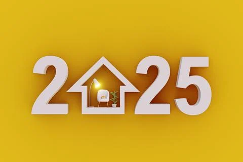 Creative 2025 New Year Concept with House Illustration. 3d render Stock Illustration