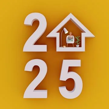 Creative 2025 New Year Concept with House Illustration. 3d render Stock Illustration