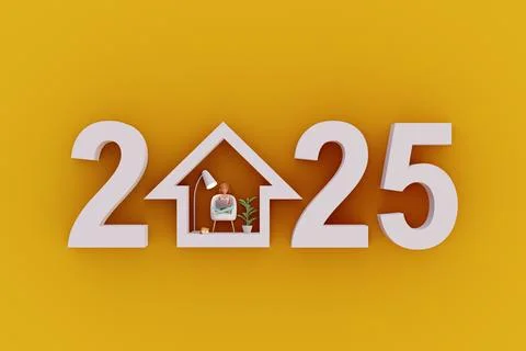 Creative 2025 New Year Concept with House Illustration. 3d render Stock Illustration