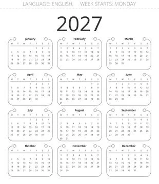 Creative 2027 english vector calendar with artistic composition monday star.. Illustrazione stock