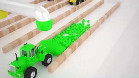 Creative 3D Animation of Toy Construction Vehicles Sorting Balls Concept Stock Footage 345809708