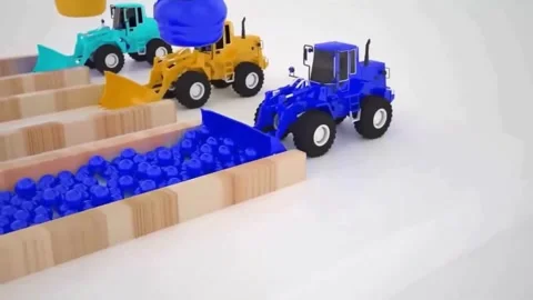 Creative 3D Animation of Toy Construction Vehicles Sorting Balls Concept Stock Footage 345809713