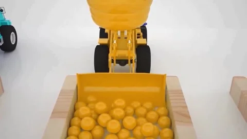 Creative 3D Animation of Toy Construction Vehicles Sorting Balls Concept Stock Footage 345809717