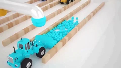 Creative 3D Animation of Toy Construction Vehicles Sorting Balls Concept Stock Footage 345809728