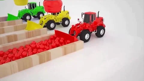 Creative 3D Animation of Toy Construction Vehicles Sorting Balls Concept Stock Footage 345809792