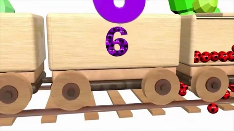 Creative 3D Animation of Wooden Toy Train Number Wagon Unloading Concept Stock Footage 345809928