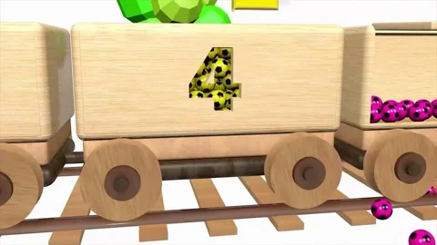 Creative 3D Animation of Wooden Toy Train Number Wagon Unloading Concept Stock Footage 345809933