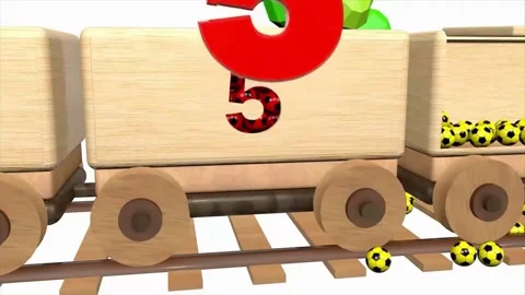 Creative 3D Animation of Wooden Toy Train Number Wagon Unloading Concept Stock Footage 345809946