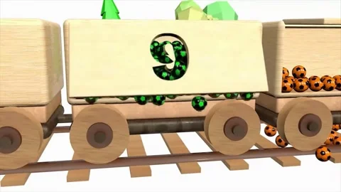 Creative 3D Animation of Wooden Toy Train Number Wagon Unloading Concept Stock Footage 345809952