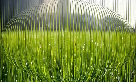 Creative 3D glass sphere distortion over lush green grass field with vertic.. Stock Illustration