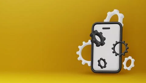 Creative 3D illustration of a smartphone with gear wheels. Concept for settings Illustrazione stock