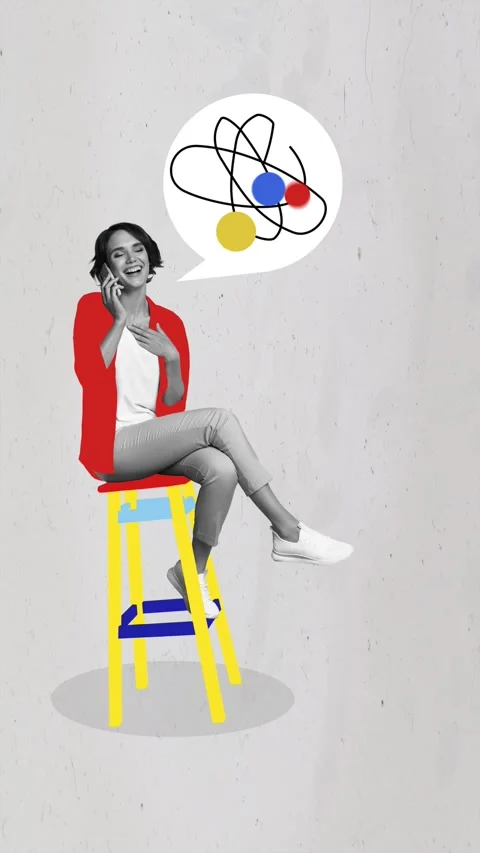 Creative 3d motion art collage video of happy girl sit stool speak phone bubble Stock Footage 309510562