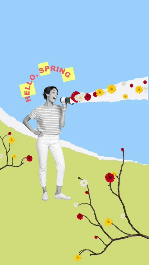 Creative 3d motion collage video of happy cute girl promote spring news 스톡 동영상 301633302