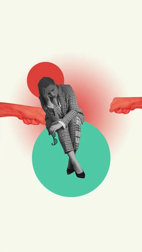 Creative 3d motion collage video of upset girl sit alone hands push fist hate Stock Footage 305446288