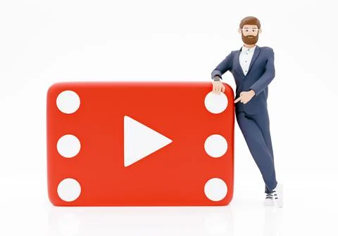 Creative 3D Render businessman character with videoplay banner, marketing Stock Illustration