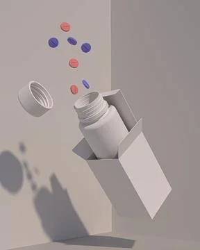 Creative 3D Rendering of Medicine Bottle with Floating Pills and Shadows Stock-Illustration