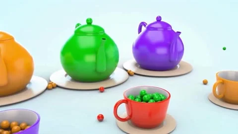 Creative 3D Teapot Tea Pouring Scene Colorful Cups Render Stock Footage 332761367