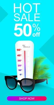 Creative 3d vertical banner of sunglasses with a thermometer showing a hot sale Illustrazione stock
