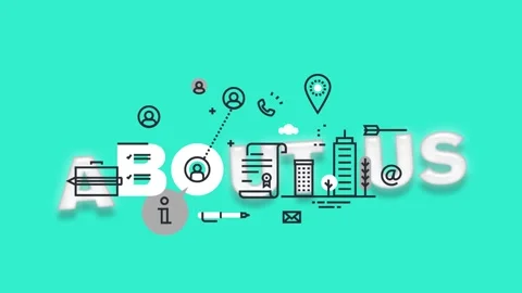A creative About Us page header with a business logo and icons on a teal ba.. Stock Footage 340282687