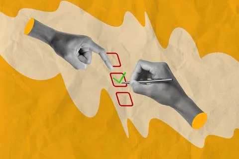 Creative Abstract Collage with Hands and Checkboxes on Vibrant Background for Foto stock