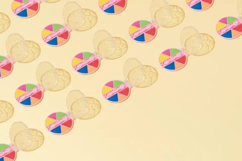 Creative abstract cosmetic makeup eye shadow pattern flat lay yellow copy spa Stock Photos