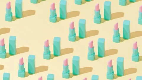 Creative abstract cosmetic makeup lipstick pomade pattern flat lay yellow color Stock Footage 331716701