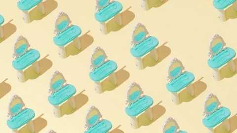 Creative abstract cosmetic makeup table pattern flat lay on yellow background Stock Footage 331716480