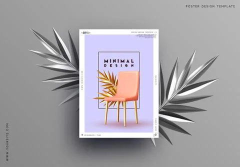 Creative abstract poster with palm branches and 3d chair. Banner, magazine cover Stock Illustration