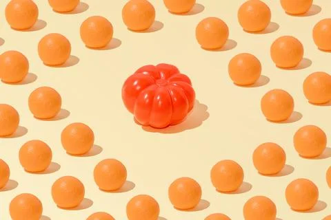 Creative abstract summer orange and tomato pattern flat lay on pastel yellow  Foto stock