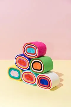 Creative abstract sushi rolls flat lay on pastel pink yellow background conce Foto stock