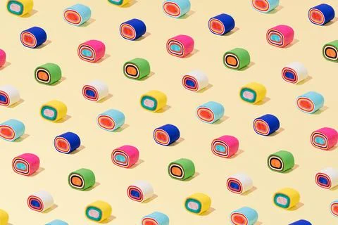Creative abstract sushi rolls pattern flat lay pastel yellow background conce 스톡 사진