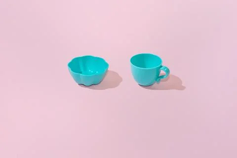 Creative abstract tableware dish crockery pattern flat lay on pink background Stock Photos