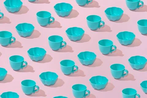 Creative abstract tableware dish crockery pattern flat lay on pink background Stock Photos