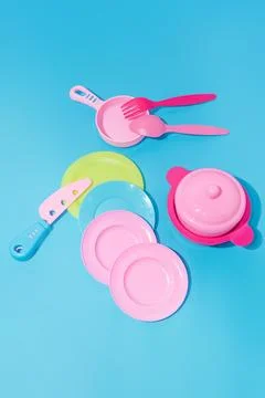 Creative abstract tableware dish crockery still life flat lay on pastel blue  Stock Photos