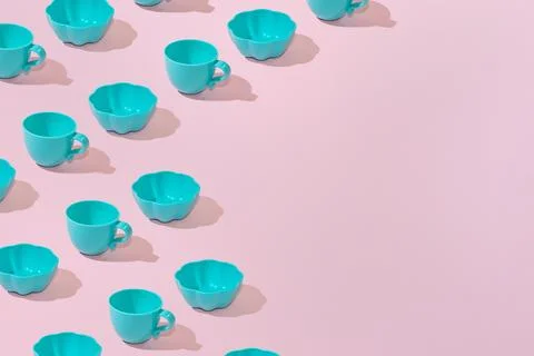 Creative abstract tableware dish pattern flat lay on pink background copy spa Stock Photos