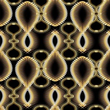 Creative abstract textured gold 3d seamless pattern. Vector black artistic ba Ilustración de archivo