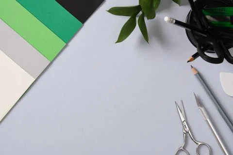 Creative accessories: scissors, craft knife, pencil, tweezers, eraser, pape.. Stock Photos