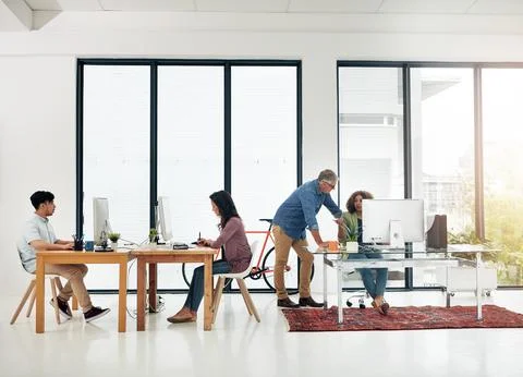 Creative agency, computer or manager with employee for help, proposal feedb.. Foto stock