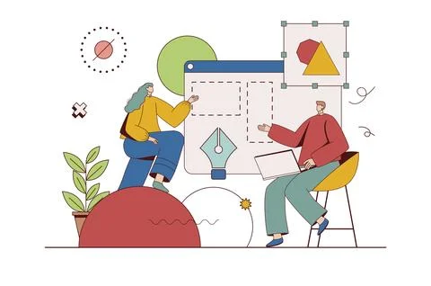 Creative agency concept with character situation in flat design. Woman and ma Stock Illustration