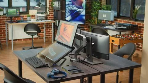 Creative agency office with monitors to work on development Stock Photos