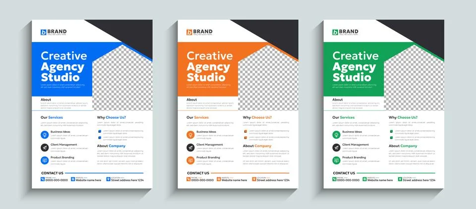 Creative and modern flyer design layout template with blue, green and orange Illustrazione stock