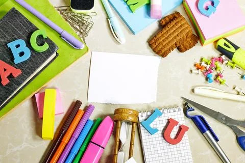 Creative and vivid array of school supplies emphasizing learning and preparation Stock Photos