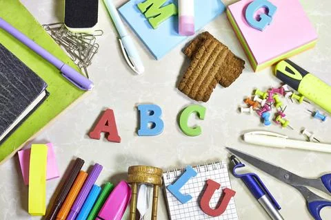 Creative and vivid array of school supplies emphasizing learning and preparation Stock Photos