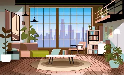 Creative apartment modern loft interior of open space home office with furniture Stock Illustration