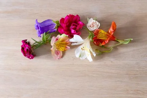 Creative arrangement made of different flowers on wooden background with spac Stock Photos