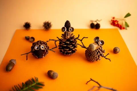 Creative arrangement of pine cones with googly eyes, twig limbs, and acorns.. 스톡 사진