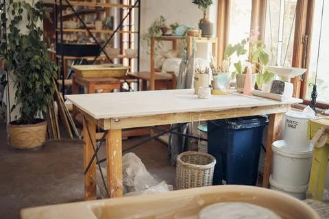 Creative, art and pottery with empty room of workshop for design, manufacturing Stock Photos