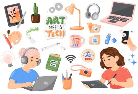 Creative Art and Technology Tools Illustration Set Stock Illustration