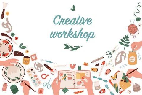 Creative art class and craft hobby workshop banner, hands painting, holding Stock Illustration